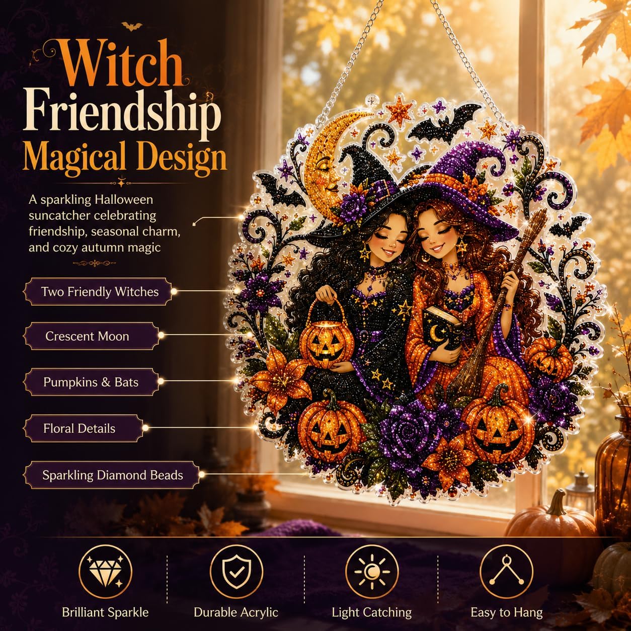 Halloween Witch DIY Diamond Art Window Suncatcher - Halloween Pearl Art Kit