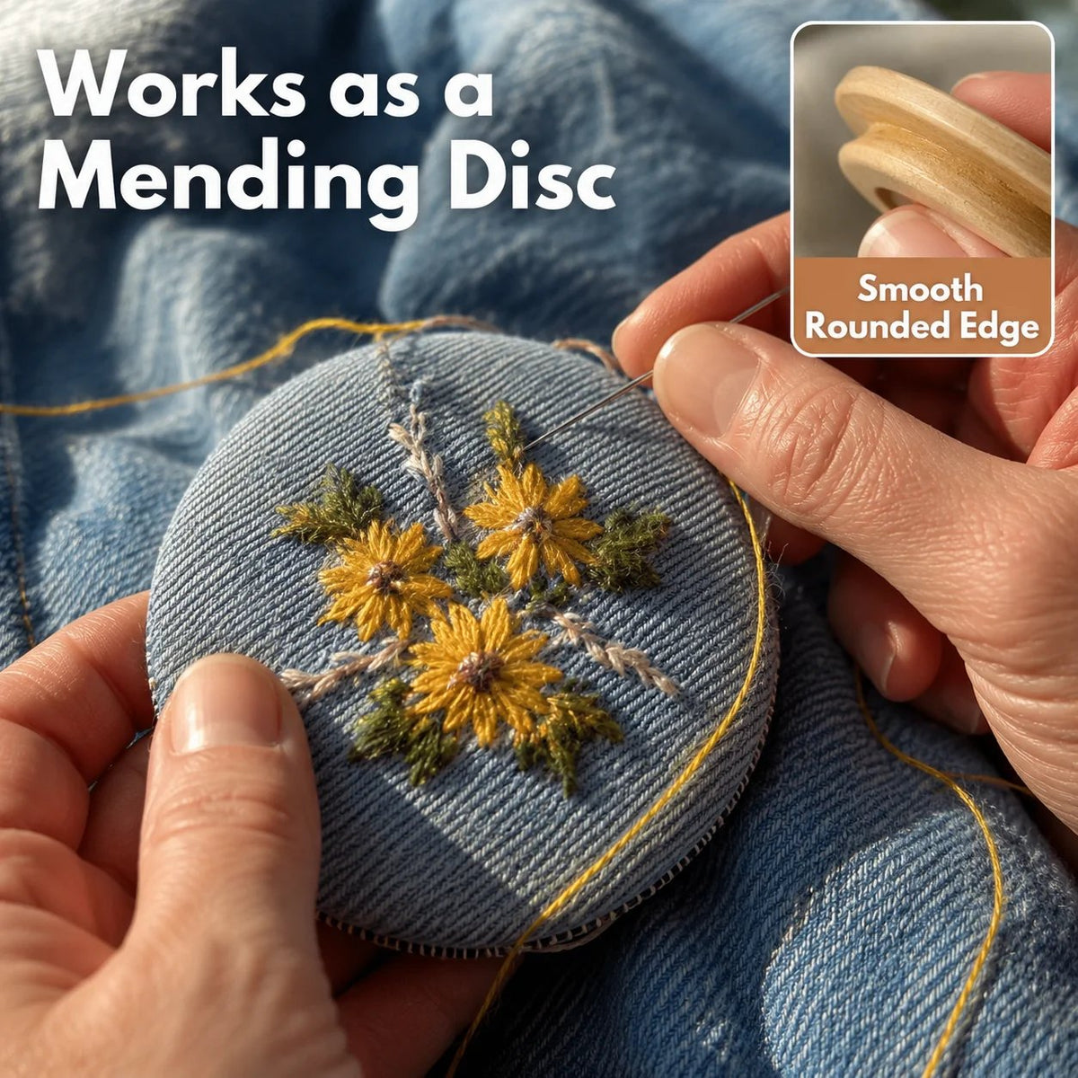 Beechwood disc used as a rounded surface for floral hand embroidery