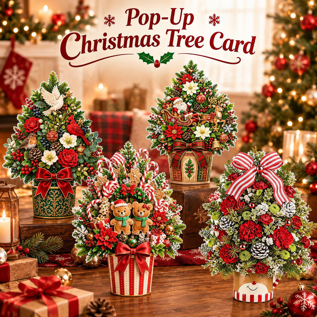 Collection of four pop-up Christmas tree greeting cards