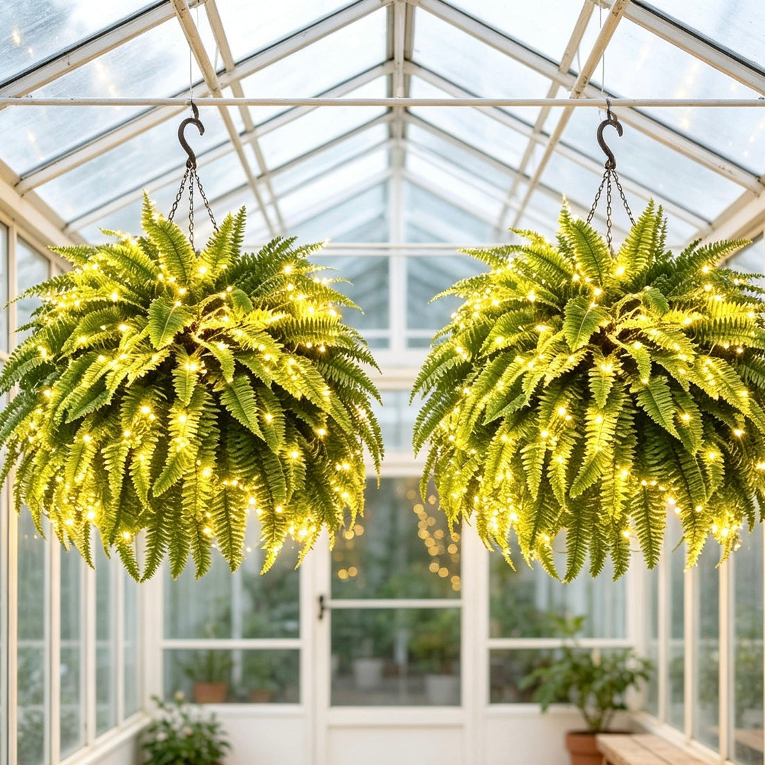 Styled matching Boston fern baskets in a glasshouse