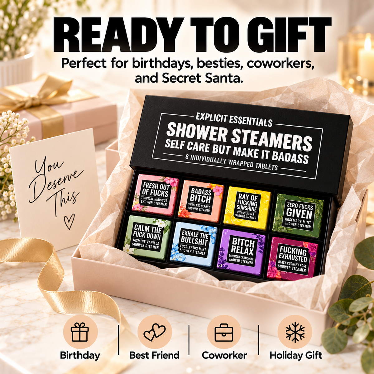 ✨ Bad Day Shower Steamers Gift Set – 8 Scented Self-Care Shower Tablets