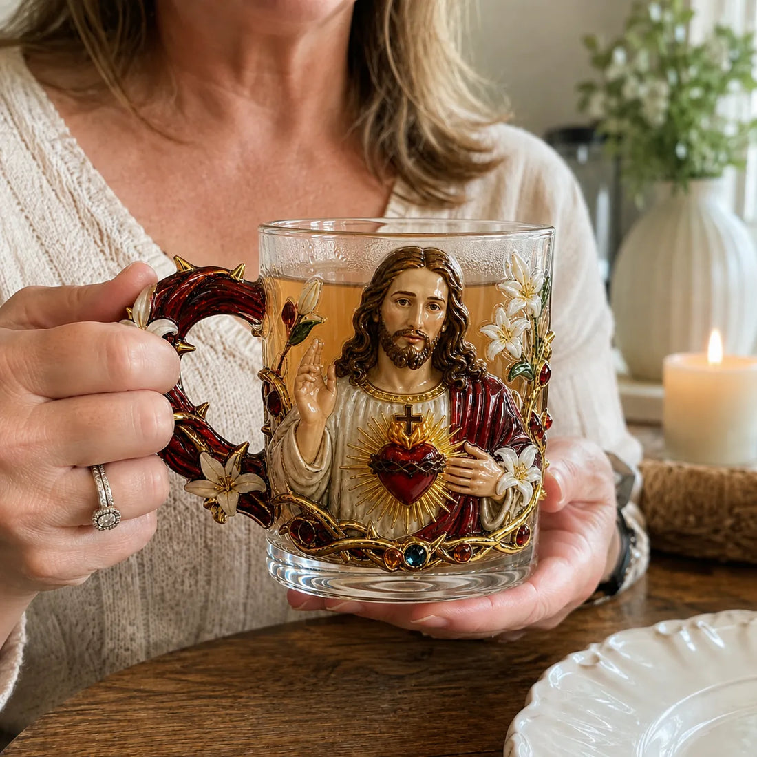 Sacred Heart Jesus glass mug held naturally at the table