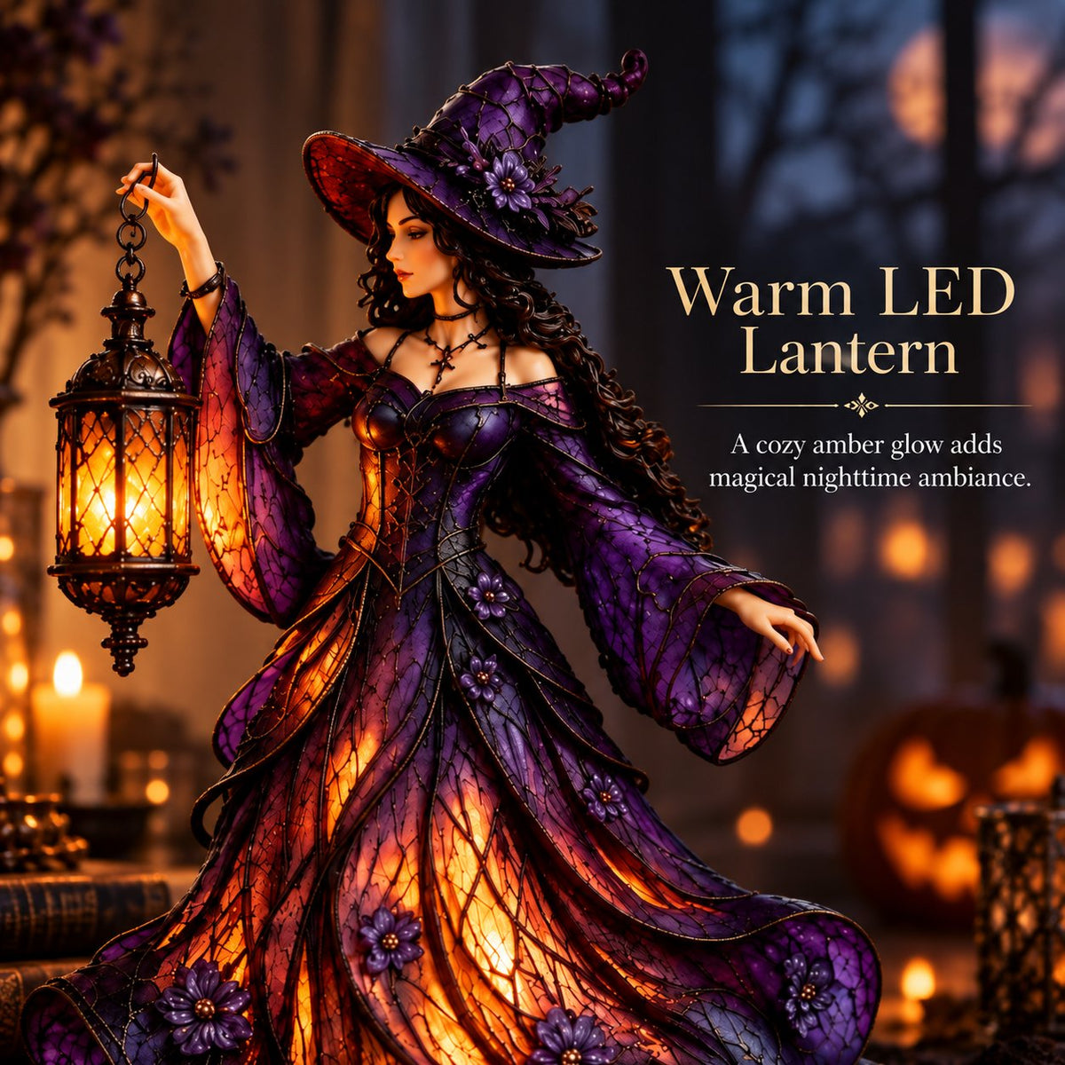 🧙‍♀️ Gotische Halloween-Hexenfigur mit LED-Laterne