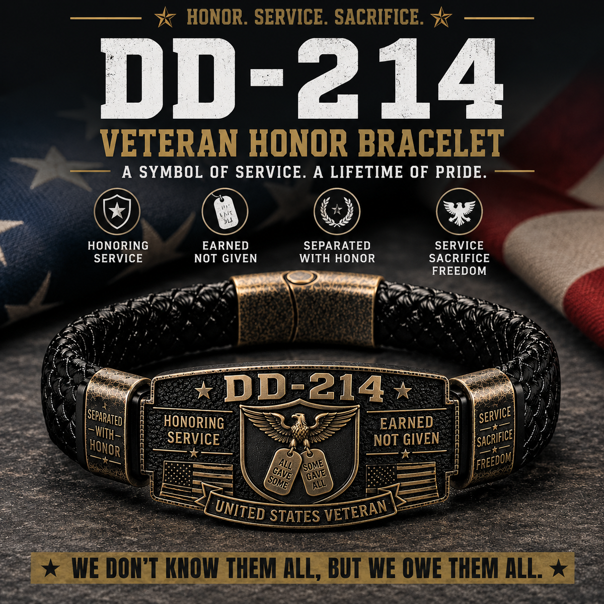 DD-214 Veteran Honor Bracelet with eagle, flag and dog tag details
