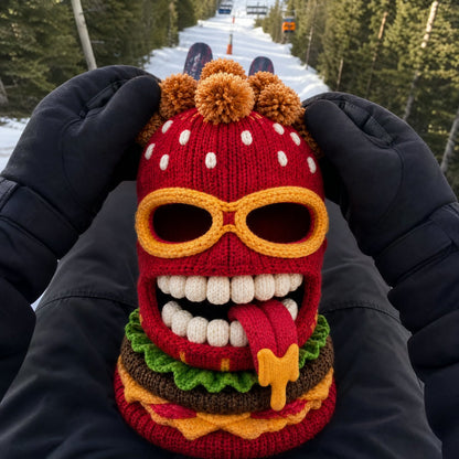 🍔 Knitted Burger Ski Hat | Funny Hamburger Beanie for Snowboarding Winter Slopes