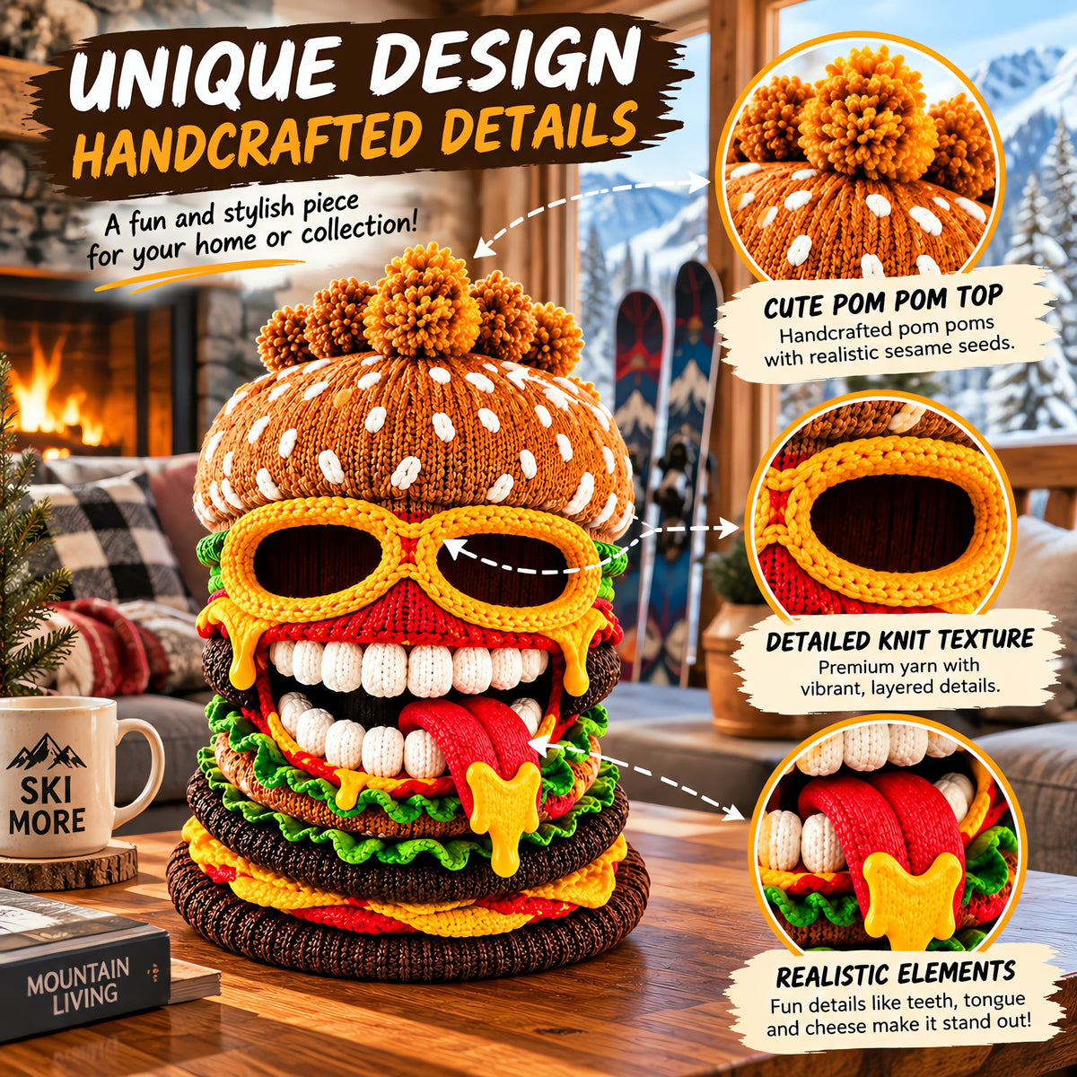 🍔 Knitted Burger Ski Hat | Funny Hamburger Beanie for Snowboarding Winter Slopes