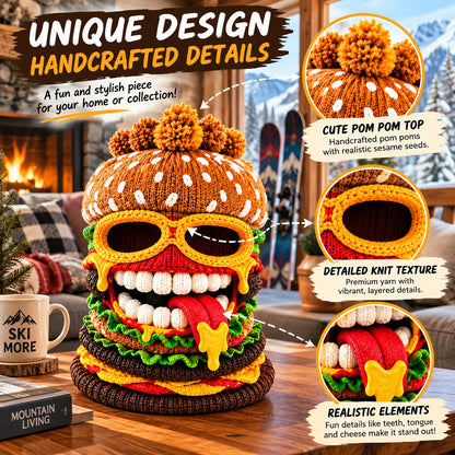 🍔 Knitted Burger Ski Hat | Funny Hamburger Beanie for Snowboarding Winter Slopes
