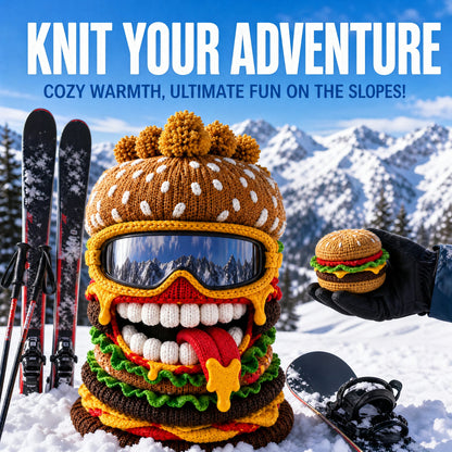 🍔 Knitted Burger Ski Hat | Funny Hamburger Beanie for Snowboarding Winter Slopes