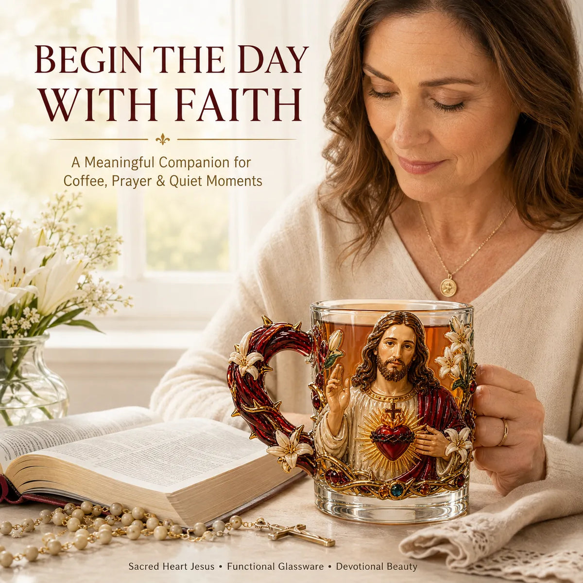 Christian devotional glass mug beside an open Bible during a quiet morning