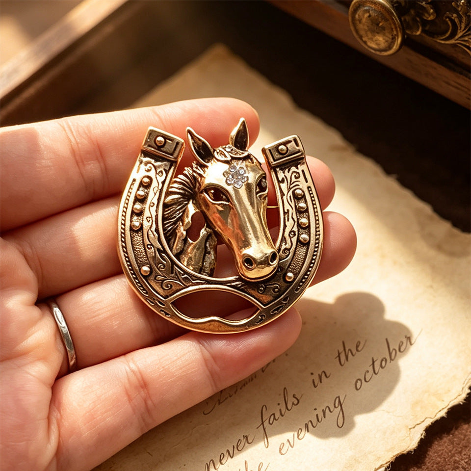 🐎vintage Horseshoe Horse Head Brooch, Equestrian Lapel Pin, Symbol Of Luck, Strength & Freedom, Countryside Jewelry