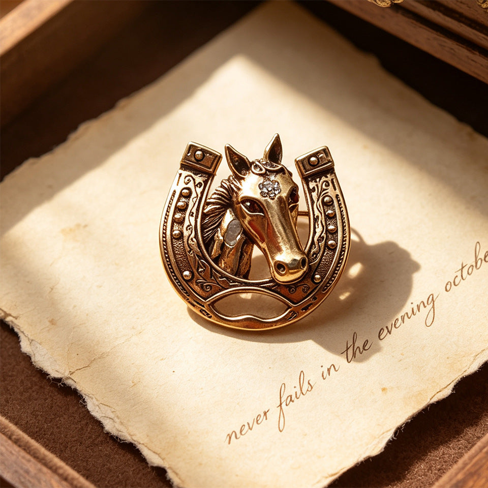 🐎vintage Horseshoe Horse Head Brooch, Equestrian Lapel Pin, Symbol Of Luck, Strength & Freedom, Countryside Jewelry