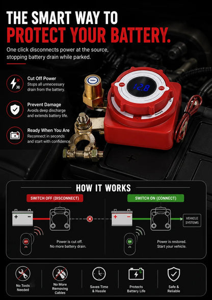 🔋Smart Remote Battery Disconnect Switch | Built-In Digital Voltage Display & Dual Wireless Key Fobs