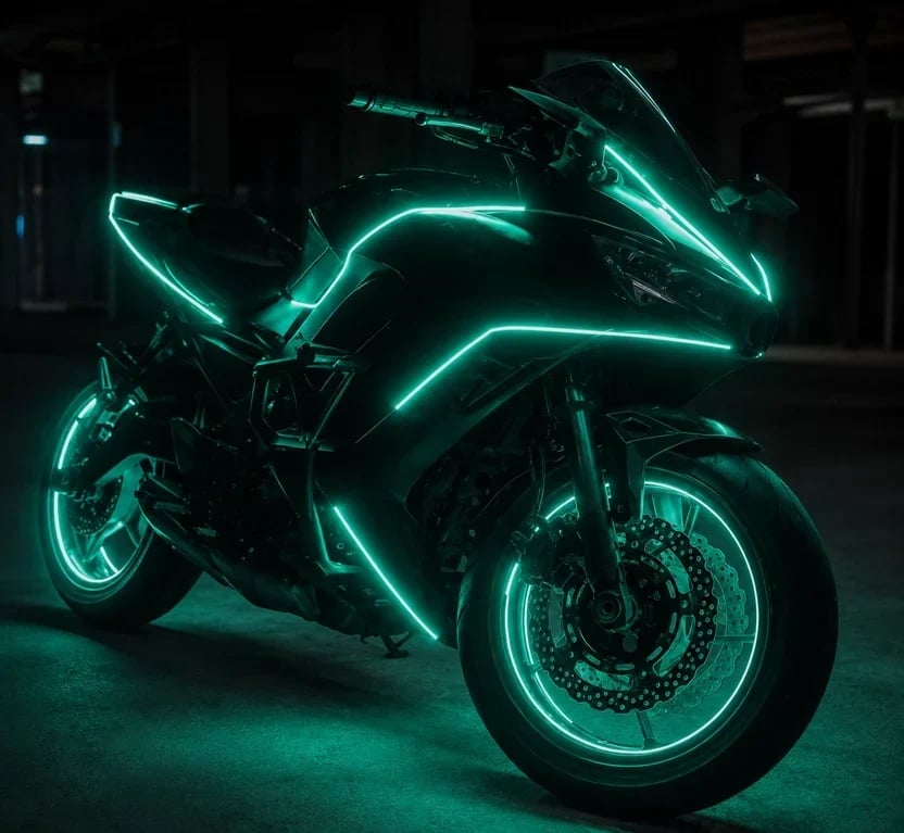 Motorcycle outlined in teal RGBIC ambient lighting at night