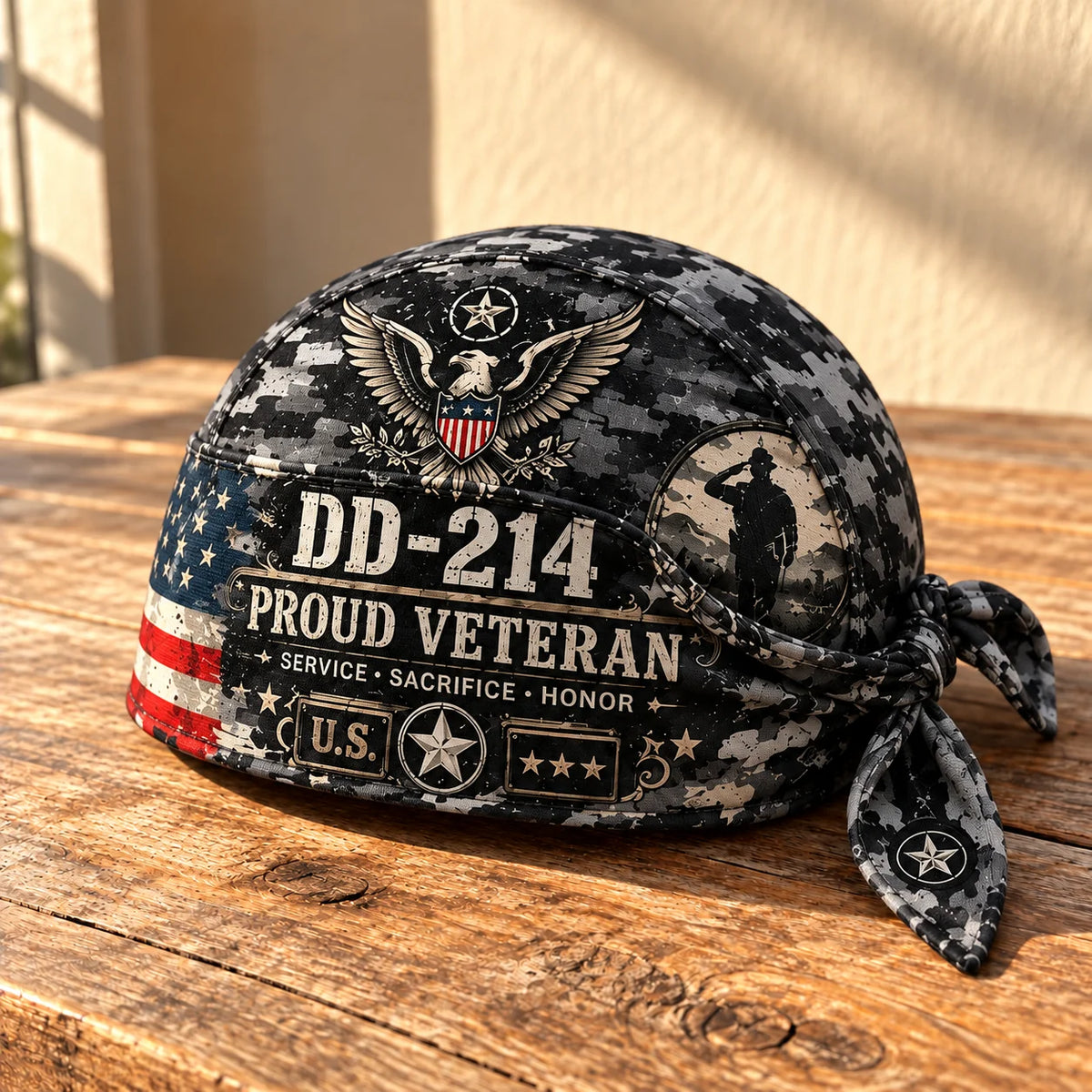 100% Handmade DD-214 Proud Veteran Camo Head Wrap Cap(𝗧𝗵𝗼𝗺𝗮𝘀 𝗠𝗶𝗹𝗹𝗲𝗿 𝐇𝐚𝐧𝐝𝐦𝐚𝐝𝐞®)