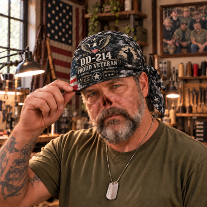 100% Handmade DD-214 Proud Veteran Camo Head Wrap Cap(𝗧𝗵𝗼𝗺𝗮𝘀 𝗠𝗶𝗹𝗹𝗲𝗿 𝐇𝐚𝐧𝐝𝐦𝐚𝐝𝐞®)