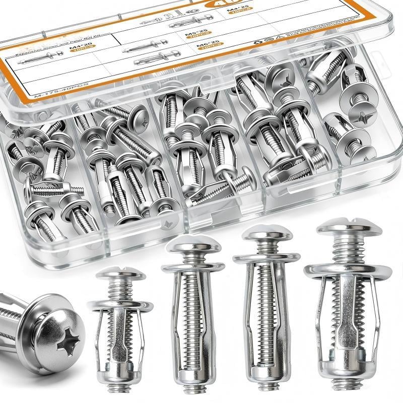 Assorted metal expansion screws and petal nuts beside a compartment storage case