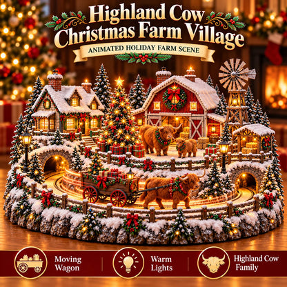 🐮 Highland Cow Christmas Farm Village – Lighted Farmhouse Holiday Scene