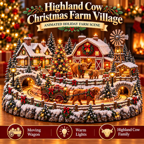 🐮 Highland Cow Christmas Farm Village – Lighted Farmhouse Holiday Scene