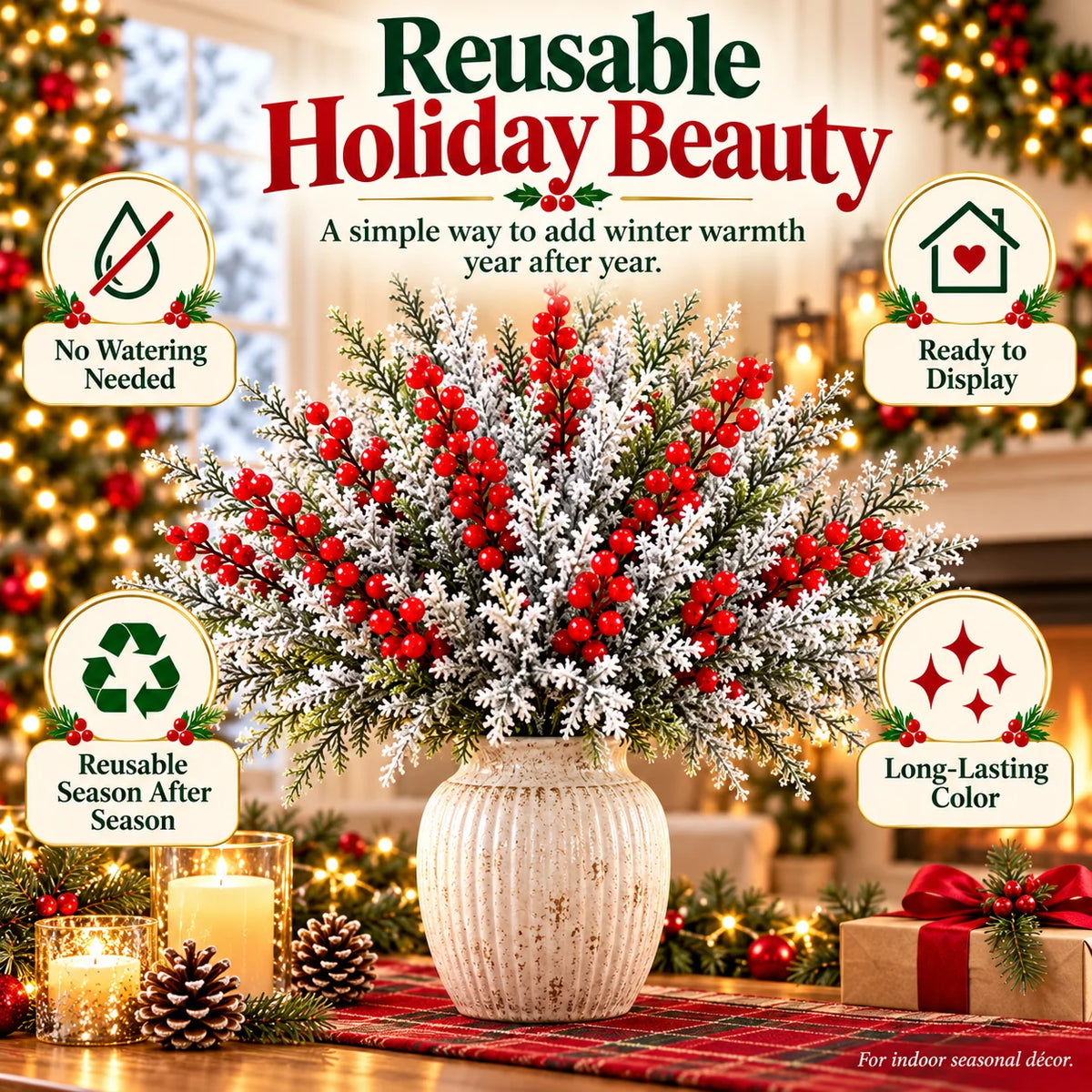 ❄️ Snow-Frosted Christmas Greenery & Red Berry Stems – Elegant Winter Home Decor 🎄