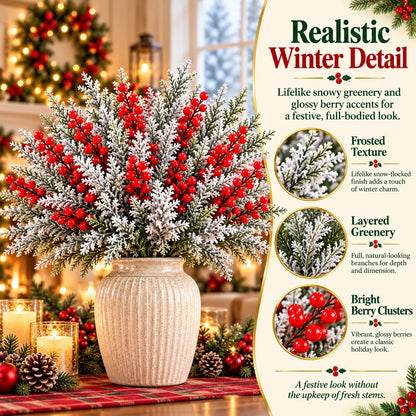 ❄️ Snow-Frosted Christmas Greenery & Red Berry Stems – Elegant Winter Home Decor 🎄