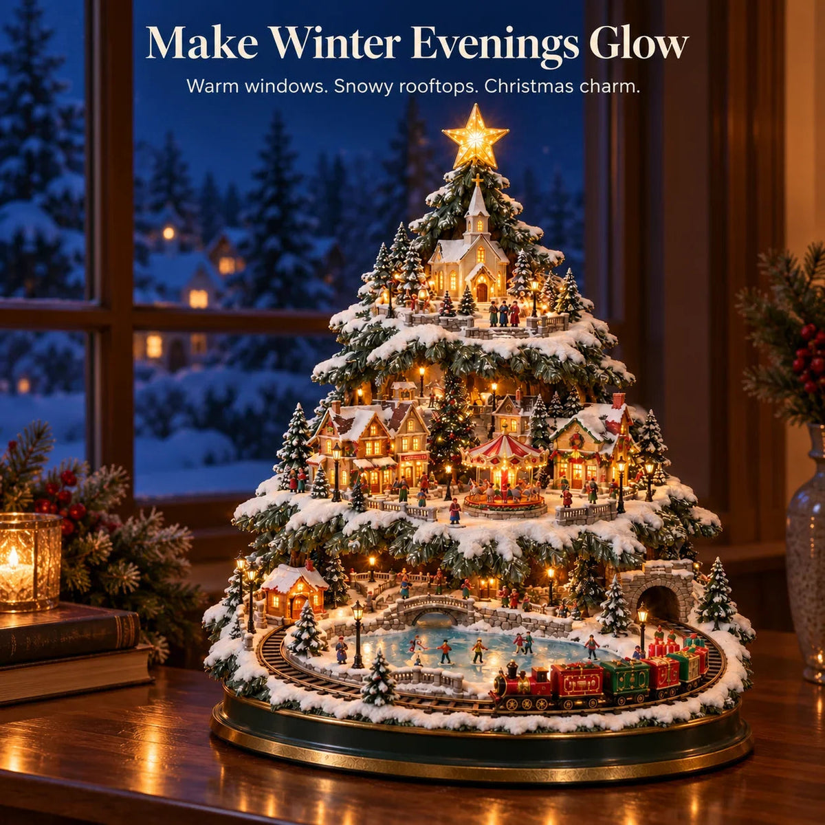 🔥 LAST DAY 50% OFF 🔥🎄 Christmas Village Tree™ – Lighted Snowy Holiday Village with Train, Carousel & Warm Christmas Glow ✨