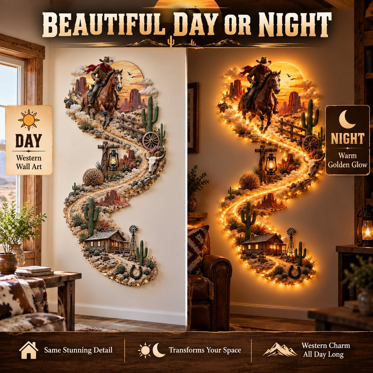 Side-by-side day and night views of Western cowboy LED wall art