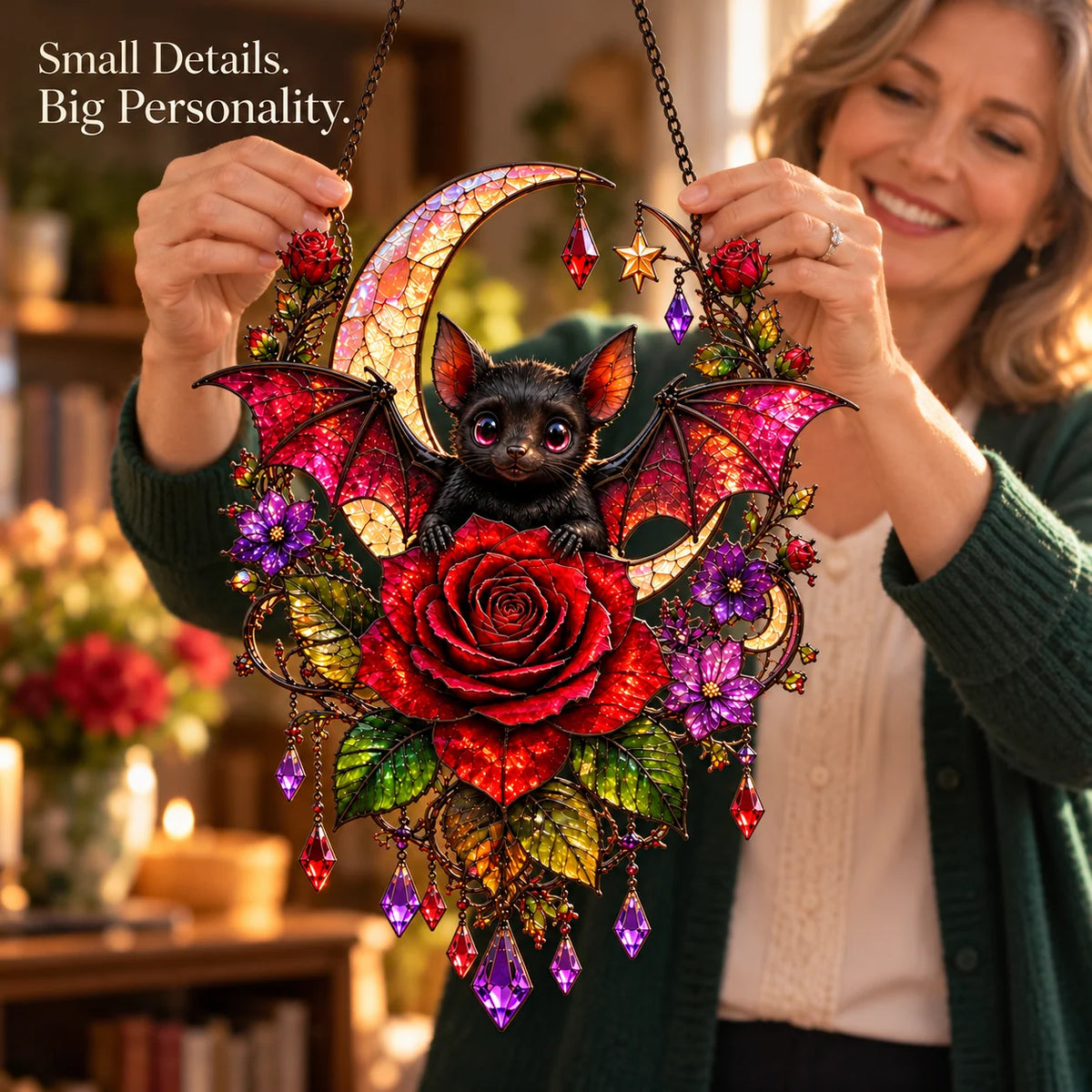 🦇🌹 Midnight Romance – Gothic Bat & Rose Crescent Moon Window Suncatcher ✨
