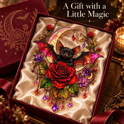 🦇🌹 Midnight Romance – Gothic Bat & Rose Crescent Moon Window Suncatcher ✨