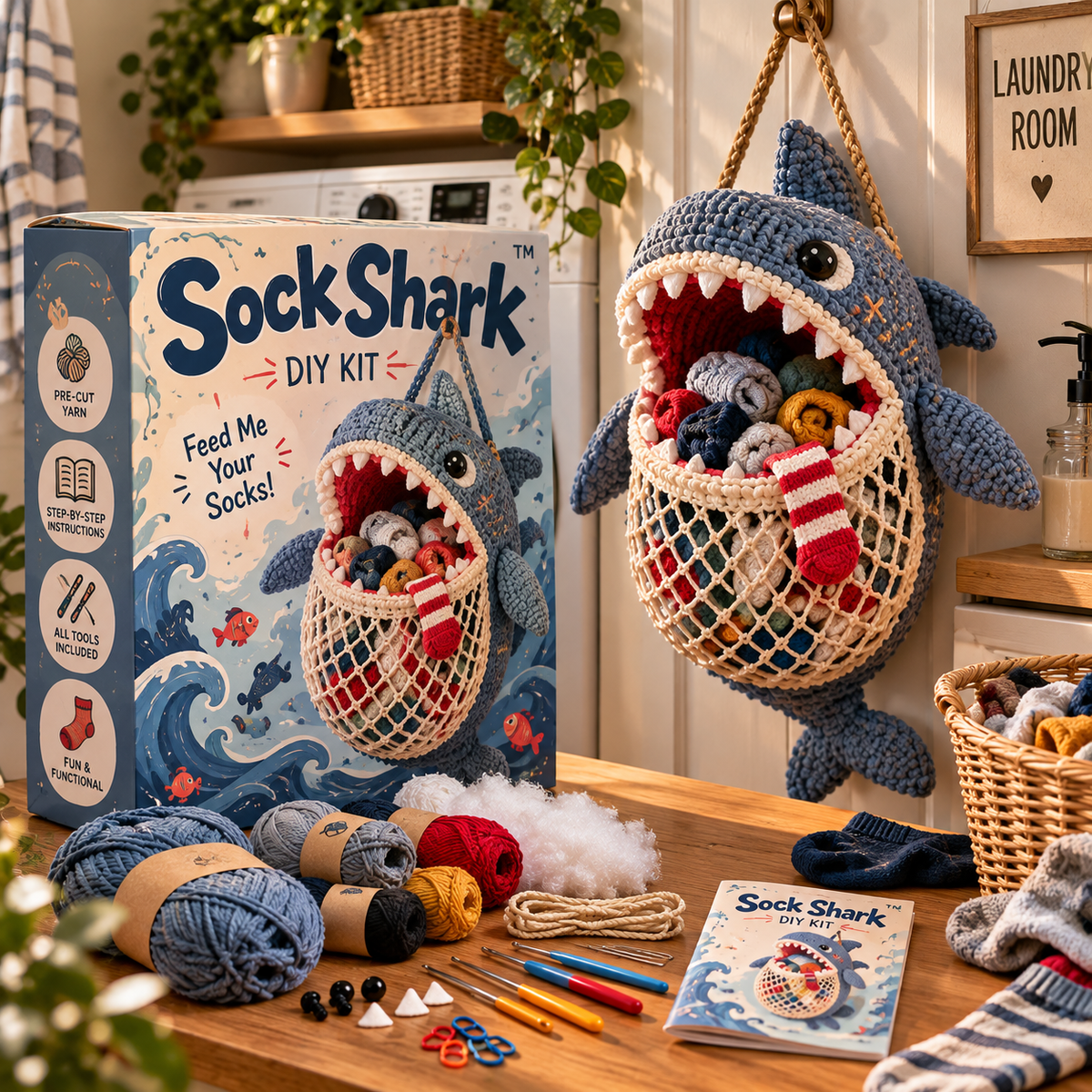 🧦😂 Sock Gobblers™ – DIY Crochet Animal Sock Holder Kit | Funny Hanging Laundry Organizer & Creative Handmade Gift 🦈🐊