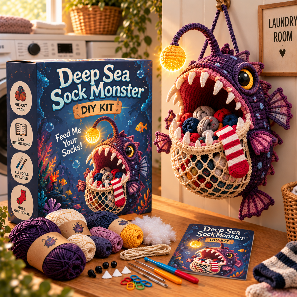 🧦😂 Sock Gobblers™ – DIY Crochet Animal Sock Holder Kit | Funny Hanging Laundry Organizer & Creative Handmade Gift 🦈🐊