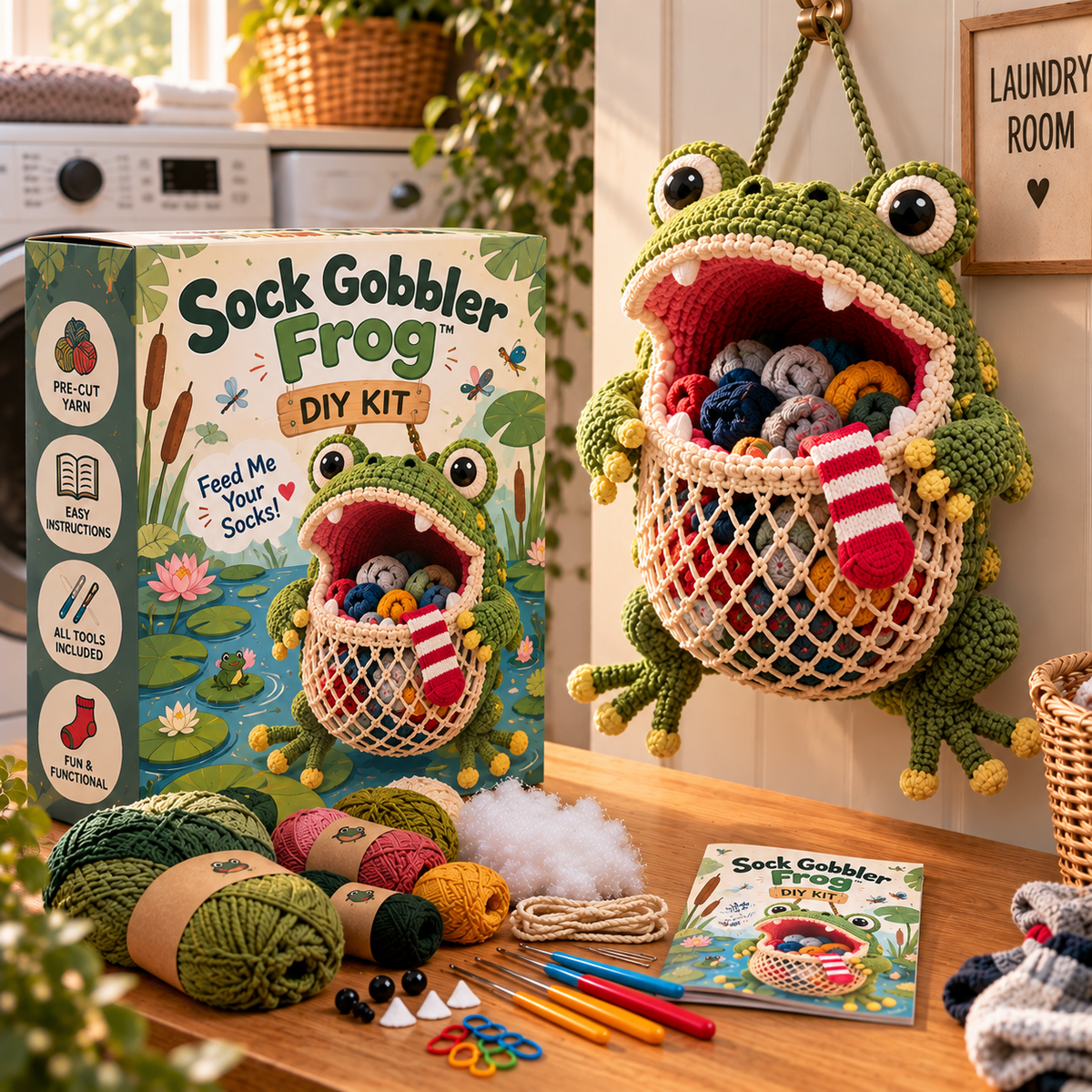 🧦😂 Sock Gobblers™ – DIY Crochet Animal Sock Holder Kit | Funny Hanging Laundry Organizer & Creative Handmade Gift 🦈🐊