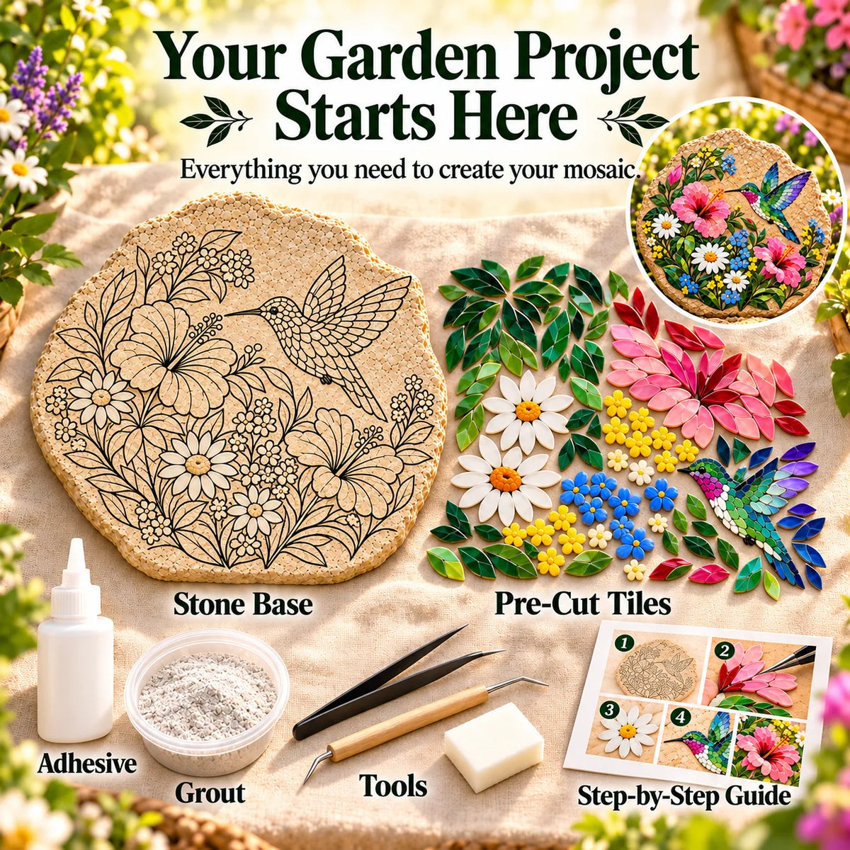 🐦 Beginner-Friendly Hummingbird & Wildflower Mosaic DIY Kit