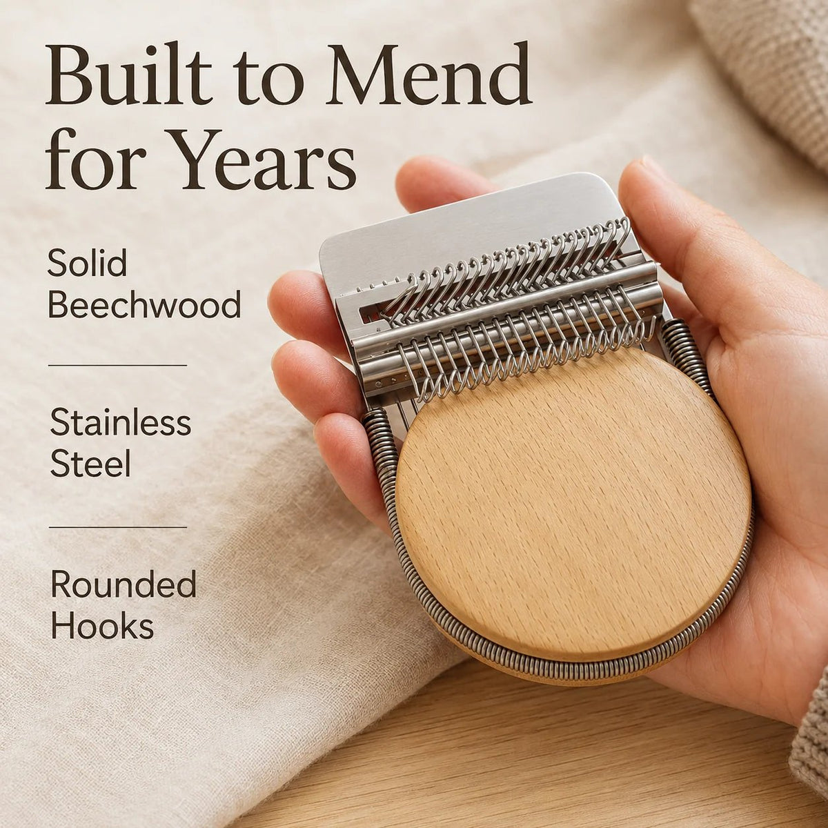 Close view of the solid beechwood disc, stainless-steel loom and rounded hooks