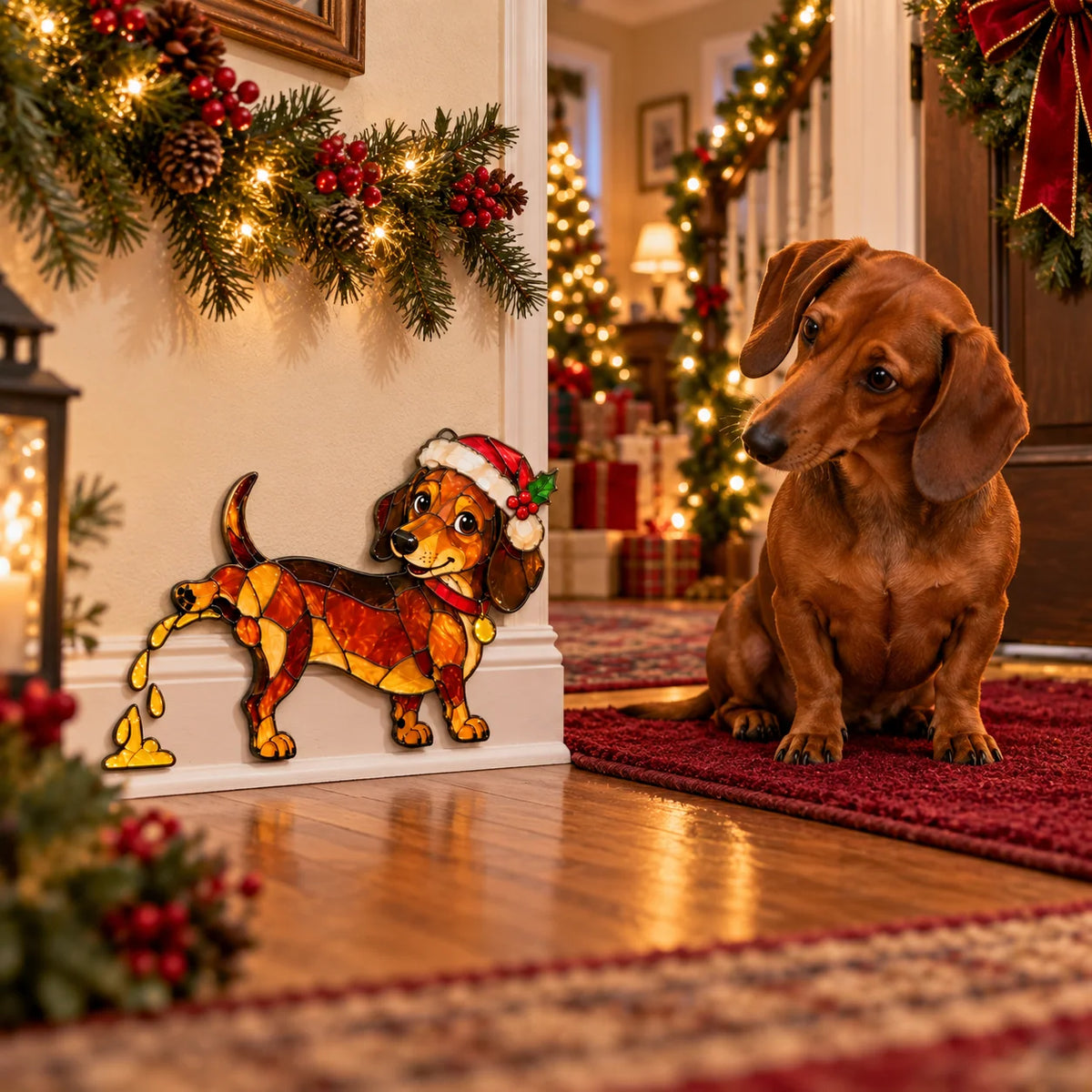 Dachshund Christmas decoration styled beside a Christmas tree and festive greenery