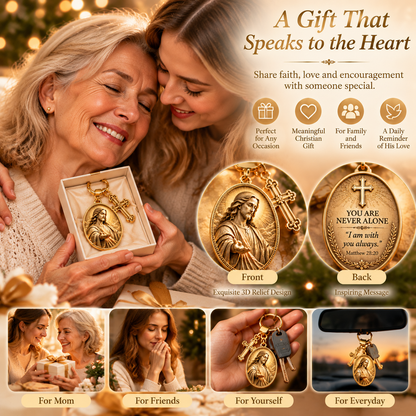 ✝️ You Are Never Alone – Jesus 3D Relief Keychain with Inspirational Scripture & Cross Charm