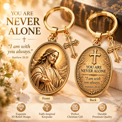 ✝️ You Are Never Alone – Jesus 3D Relief Keychain with Inspirational Scripture & Cross Charm