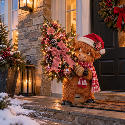 🎄🐮 Pinkmas Tree Bandit™ – Funny Lighted Highland Cow Carrying a Sparkling Pink Christmas Tree, Whimsical Holiday Porch Decor 🎀✨