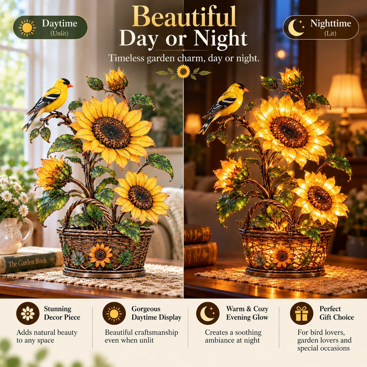 ⏰Limited Stock 50% OFF - 🌻 Golden Sunflower & Goldfinch Basket Lamp | Lighted Floral Table Decor ✨