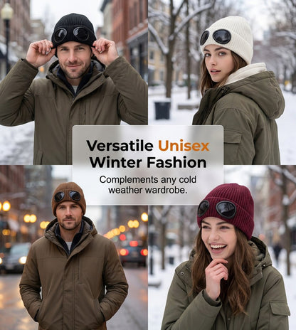 🌬️ Windproof Winter Beanie With Goggles, Warm Knit Hat for Outdoors