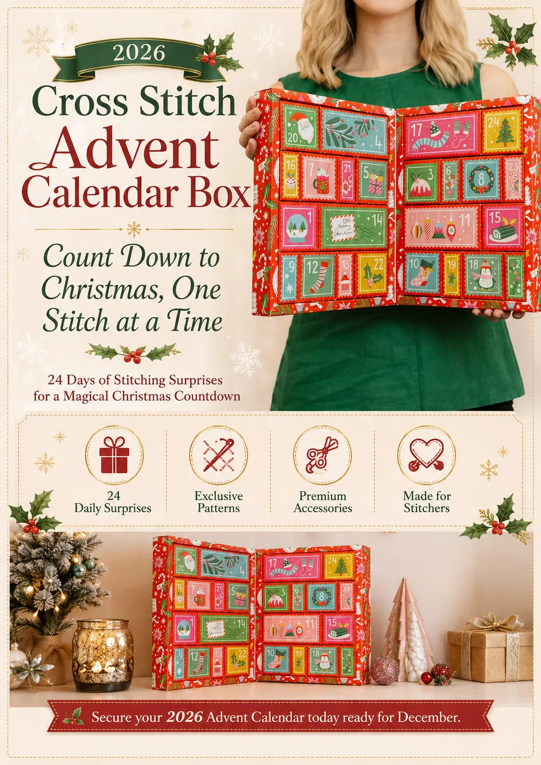 2026 Christmas Cross Stitch Advent Calendar Box with 24 numbered compartments