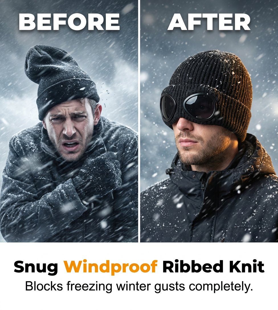 🌬️ Windproof Winter Beanie With Goggles, Warm Knit Hat for Outdoors