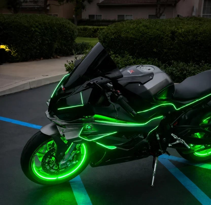 Motorcycle with green ambient glow lighting