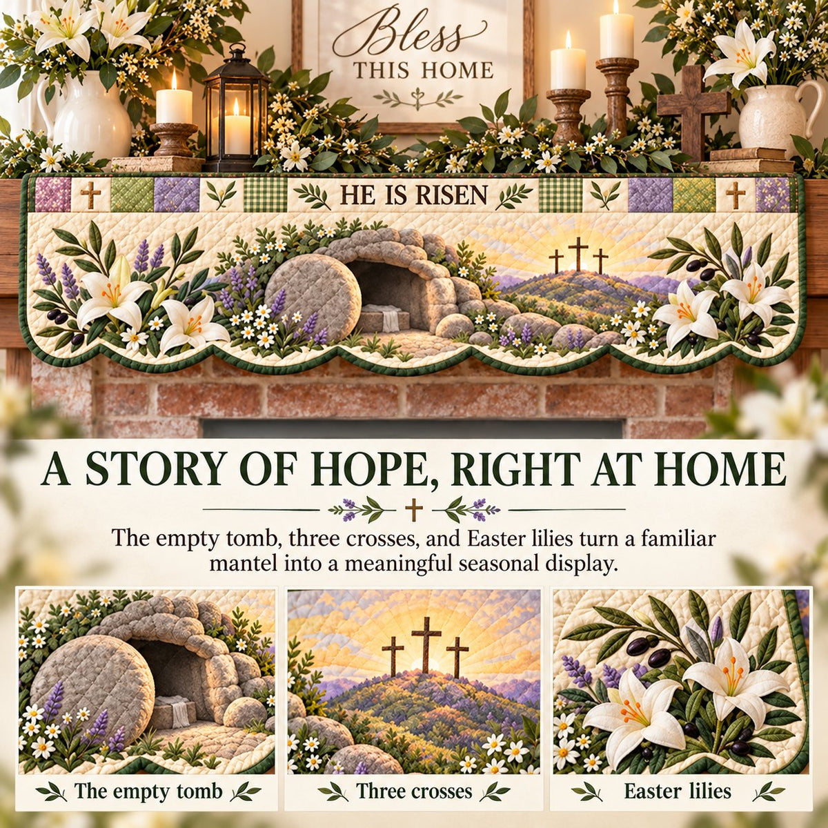 ⏳ Last Day 49% OFF – ✝️ Easter Faith Quilted Mantel Scarf | Patchwork Christian Fireplace Décor for Spring & Easter 🌷