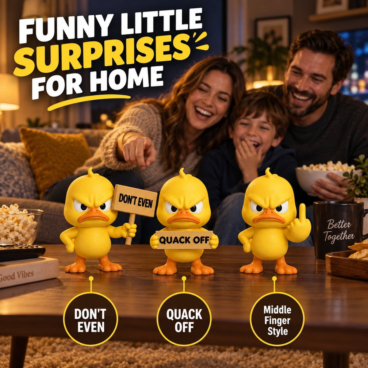 Three Quacko angry duck figurine styles displayed together