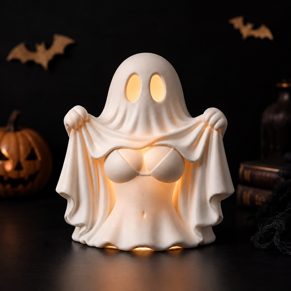 Sexy ghost tealight holder glowing against a dark Halloween background