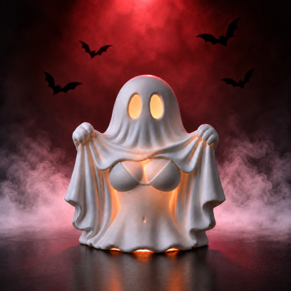 Sexy ghost tealight holder glowing beneath red Halloween lighting
