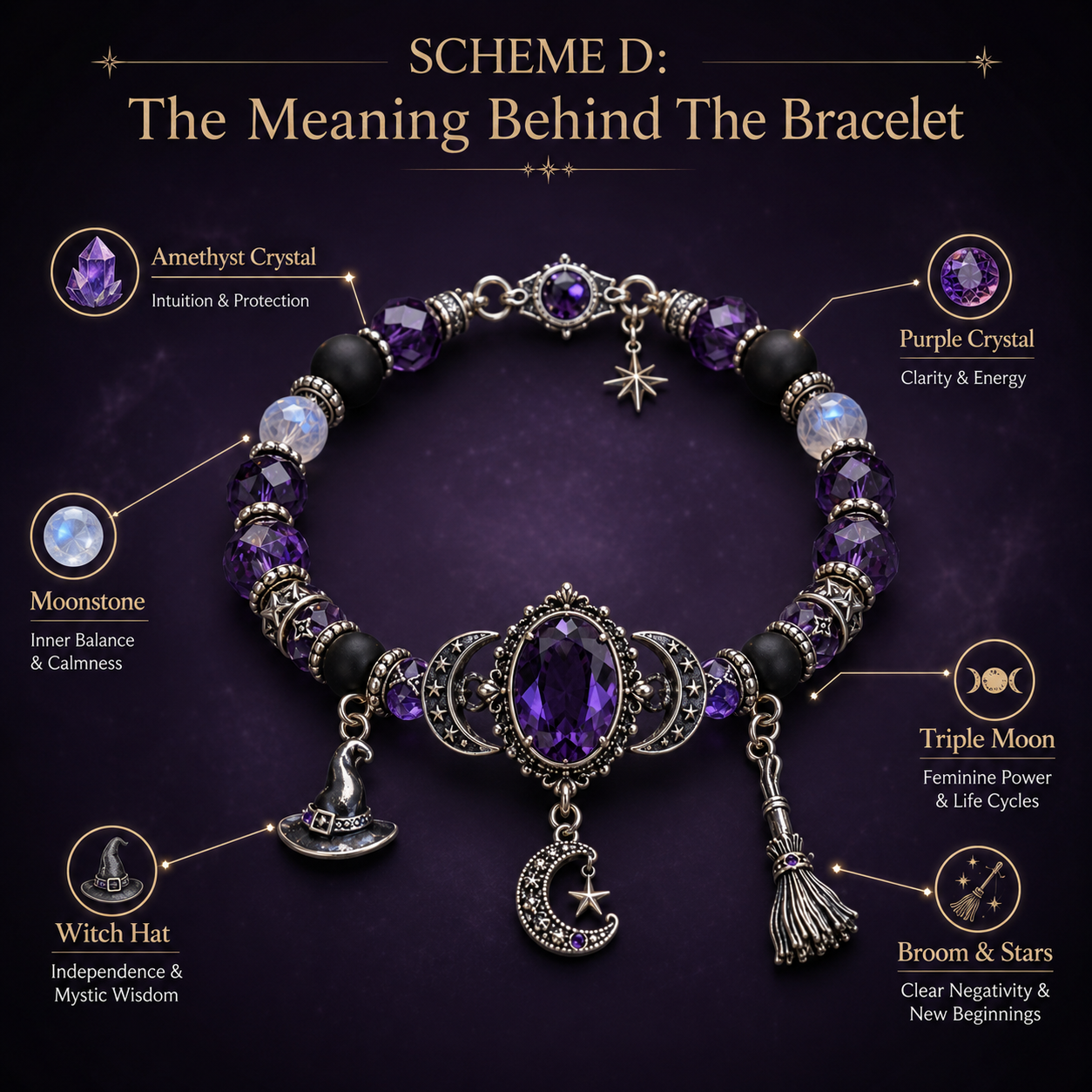 🔮 Witch’s Crystal Moon Charm Bracelet