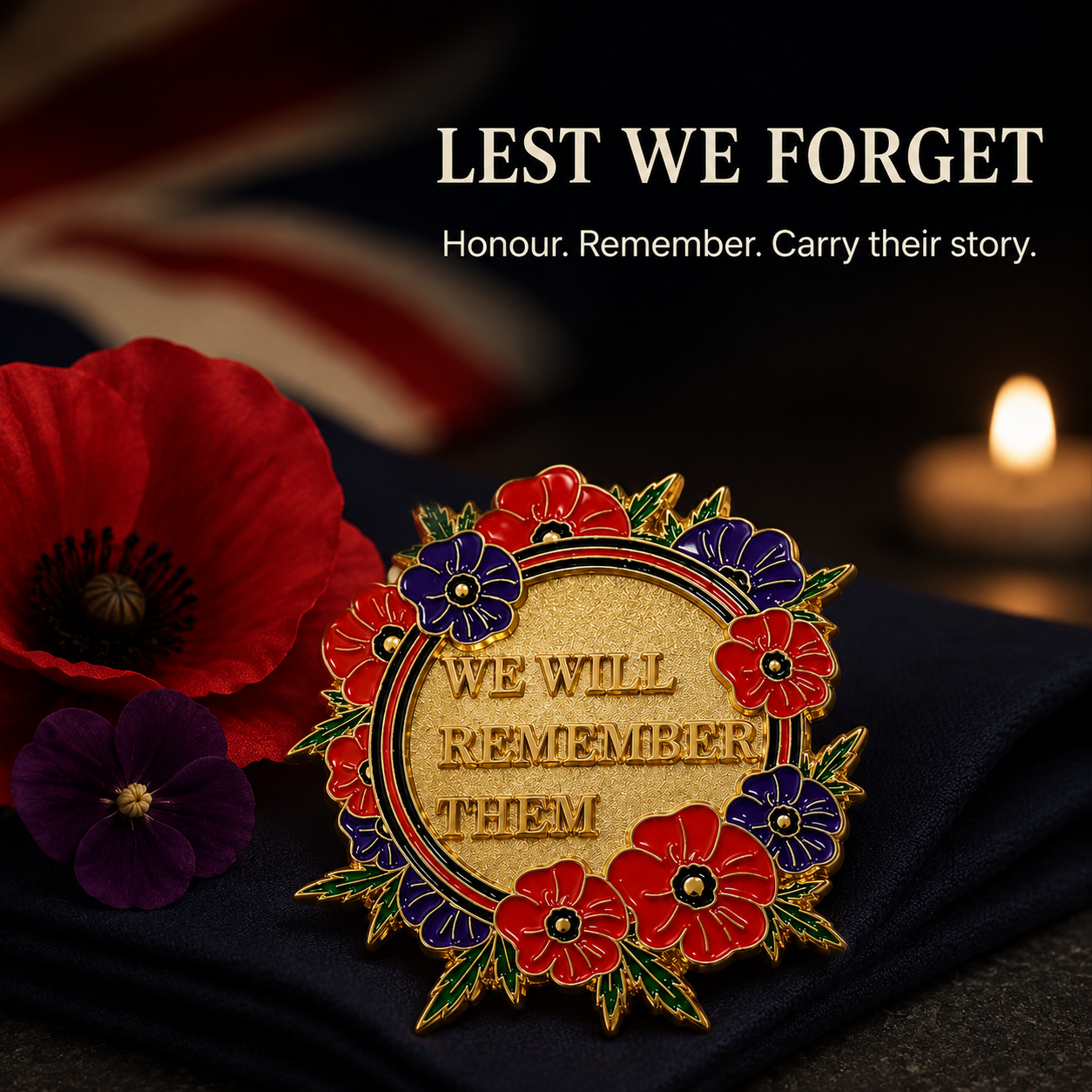 Scarlet and violet wreath in a remembrance setting