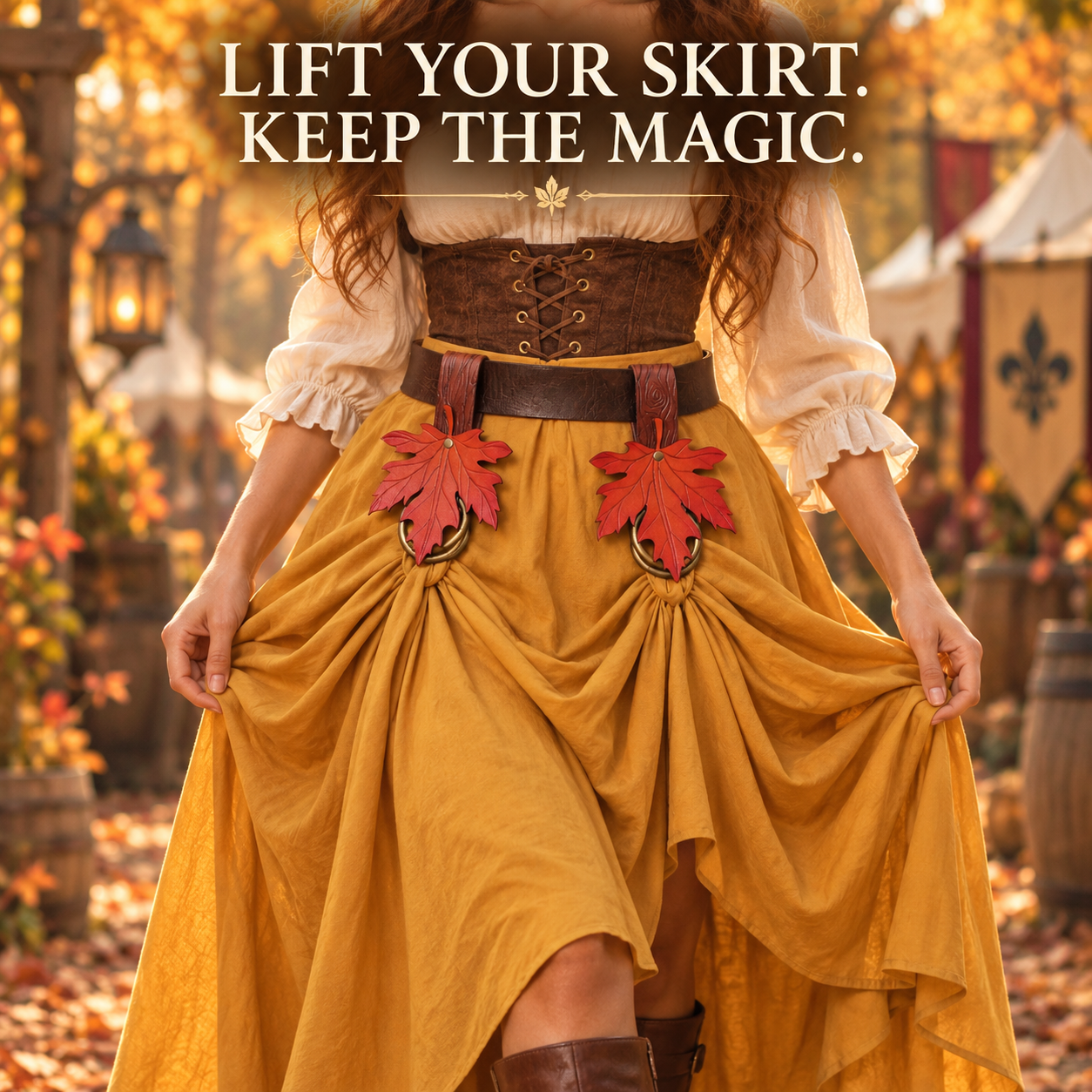 Rustic autumn outfit with a mustard skirt gathered by two maple leaf skirt hikes
