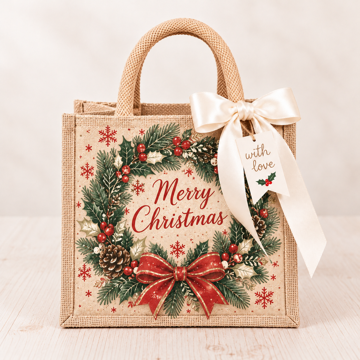 Vintage Christmas Burlap Gift Tote Bag